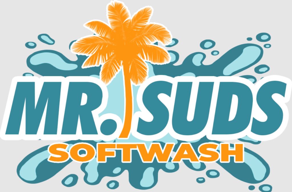 The logo for Mr. Suds Softwash showcases a vibrant orange palm tree with blue water splashes, representing their specialized cleaning services.
