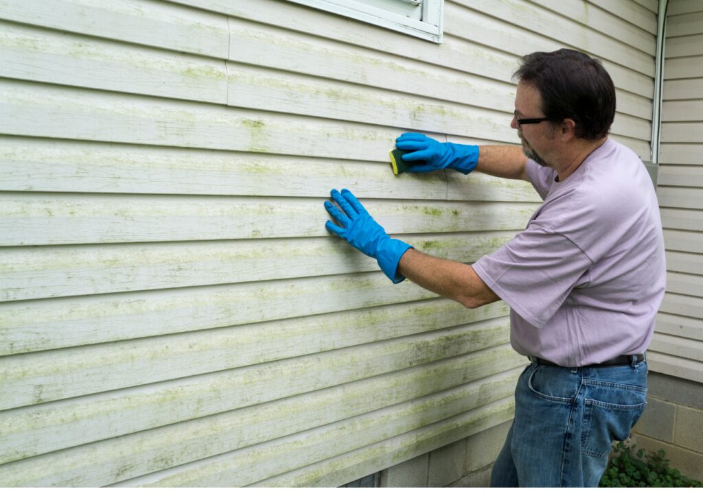 A man wearing blue gloves and glasses uses a sponge to clean mold and grime from the siding of a house, preparing the surface for pressure washing.