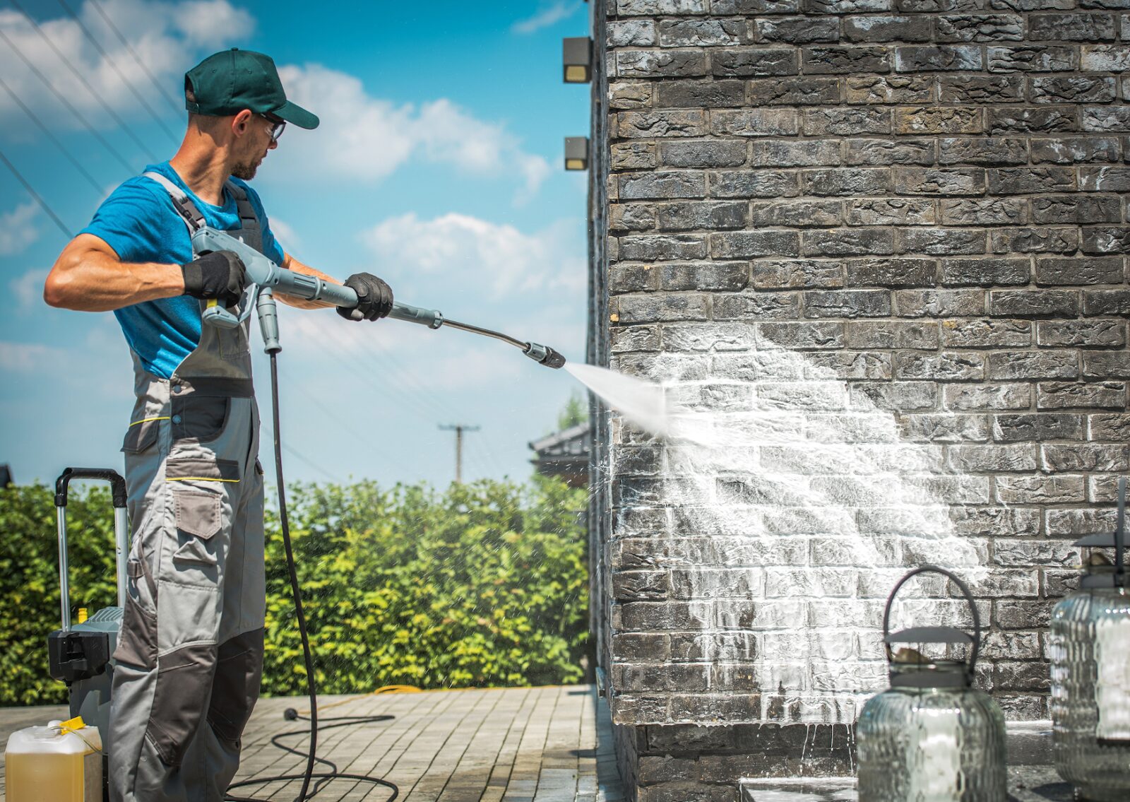 A worker in gloves and overalls soft washes a dark brick wall with a pressure hose, removing dirt and grime.