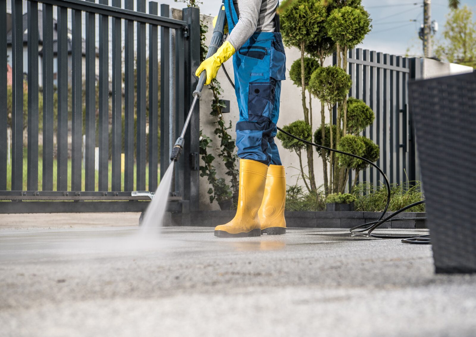 Worker in yellow boots pressure washing driveway, illustrating what is the process of softwashing surfaces.