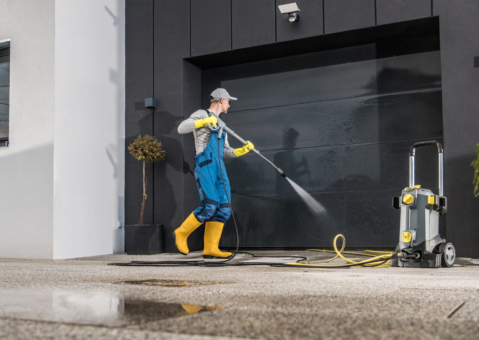 Worker power washing a garage door to highlight exterior soft washing benefits for home surfaces.