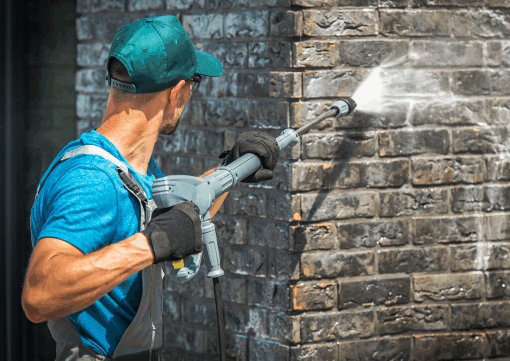 Man demonstrates how to soft wash a house using low pressure to clean dark brick without damaging the surface.