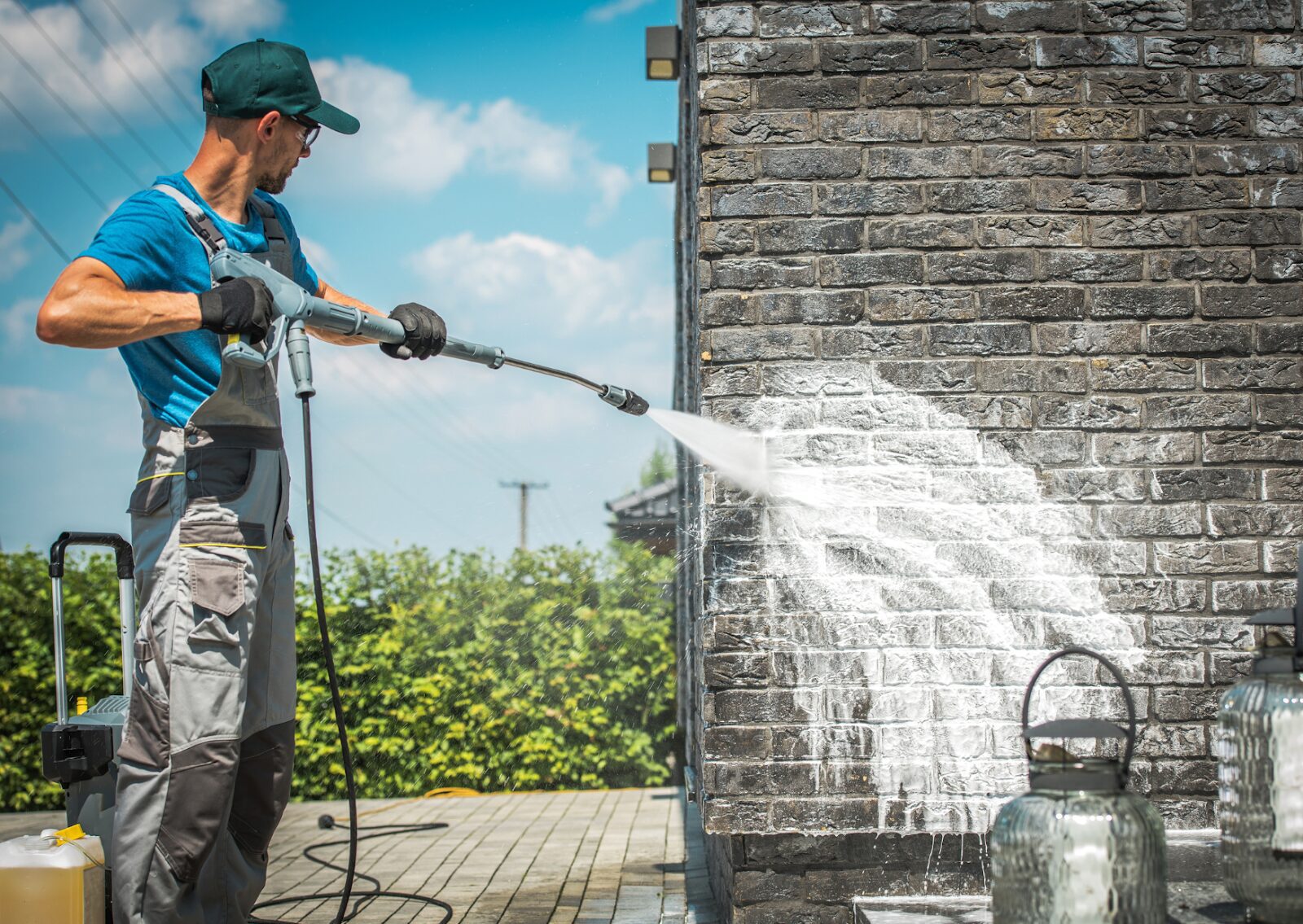 The worker is spraying the brick wall with detergent to show the benefits of soft washing for removing grime and brightening surfaces.