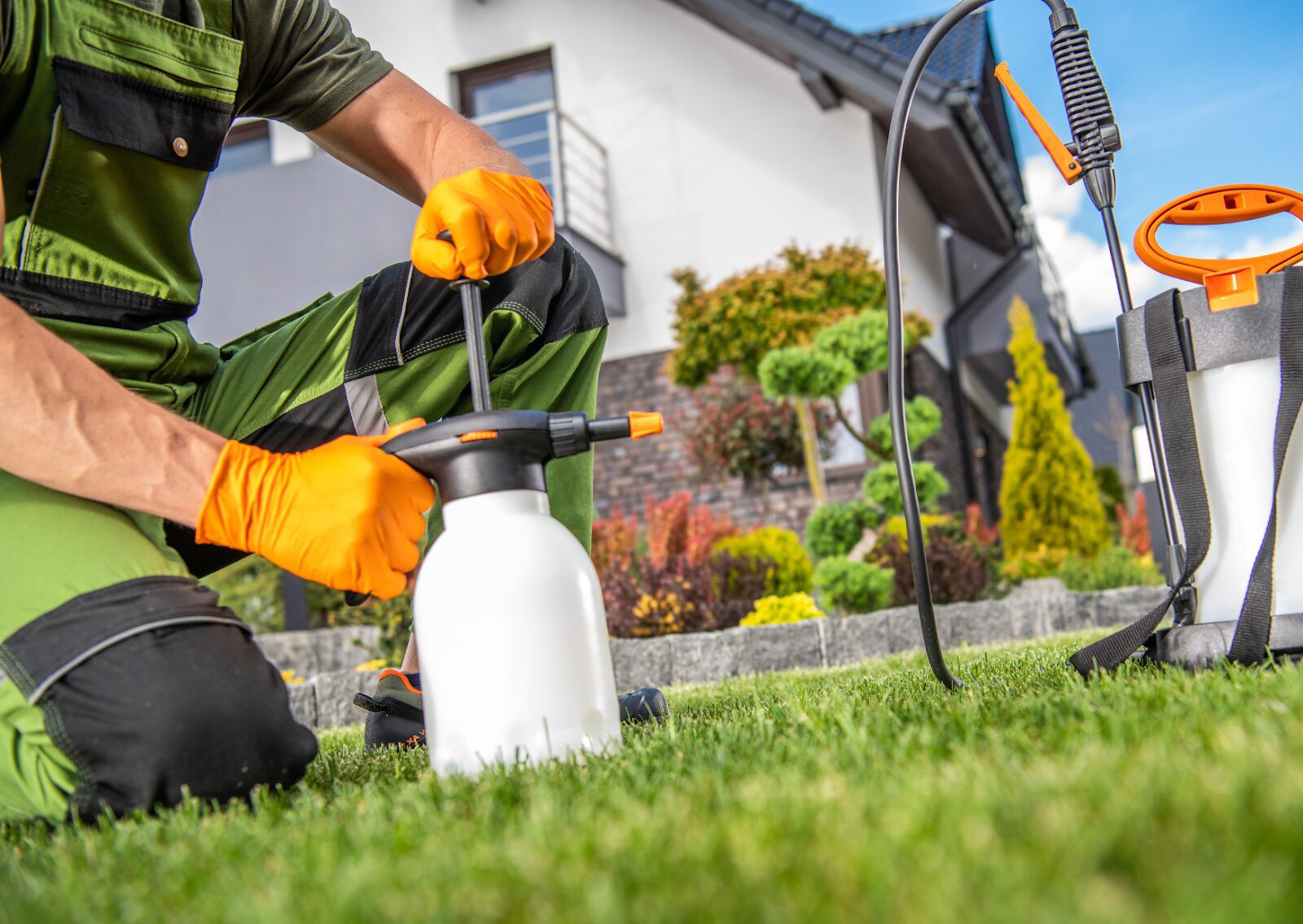 Worker in gloves and uniform preparing garden sprayer for lawn or exterior cleaning near a house.