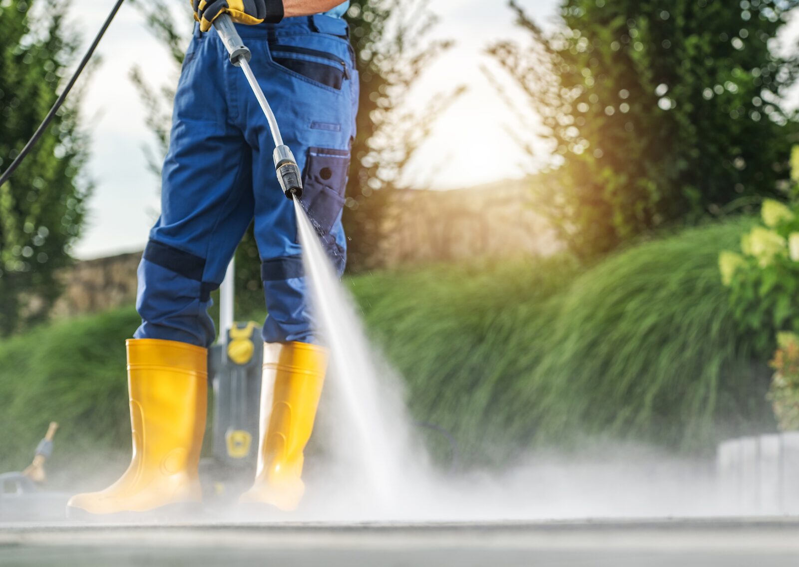 Worker in yellow boots pressure washing outdoor surface to remove dirt and grime in a garden setting