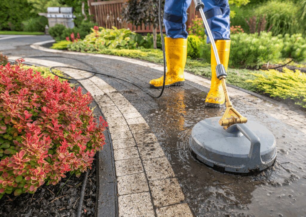 Cleaning a garden walkway with a surface washer, curious homeowners ask, is soft washing safe for landscaping?
