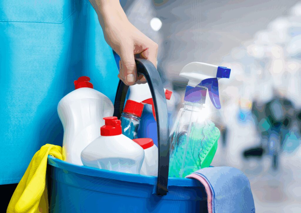 Close-up of a person holding a blue cleaning bucket filled with spray bottles, detergent, gloves, and cloths.