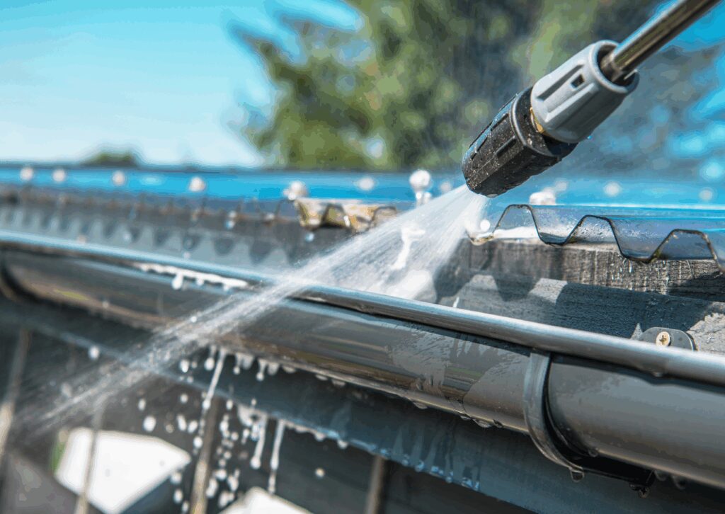 Close-up of a pressure washer cleaning debris and grime from a residential roof gutter system.