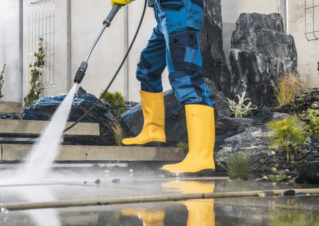 Worker in yellow boots pressure washing outdoor concrete steps surrounded by landscaping and black stone.