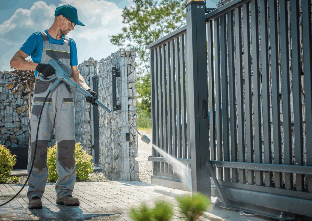 Worker using a pressure washer to clean a modern metal gate and brick driveway on a sunny day.